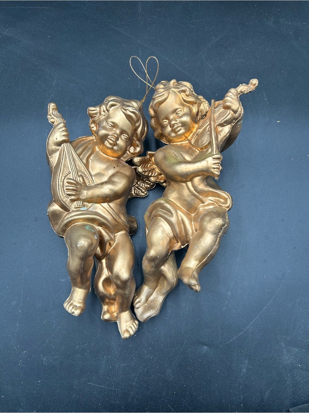 Gold Angel Cherub Pair Holiday Wall Ornaments, blow mold style